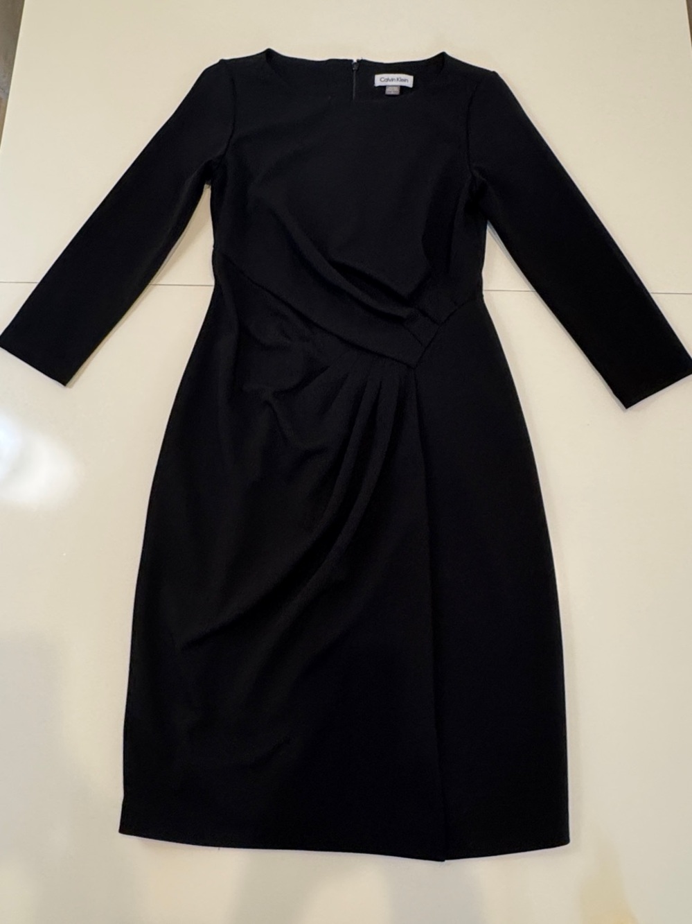 Calvin Klein Black Long-Sleeve Draped Waist Sheath Dress